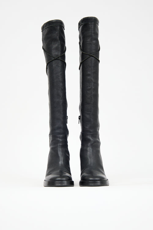 Ann Demeulemeester Black Leather Knee High Tie Boot