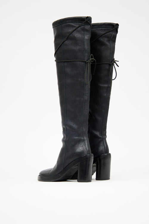 Ann Demeulemeester Black Leather Knee High Tie Boot