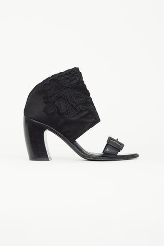 Ann Demeulemeester Black Leather 
Satin Floral Heel