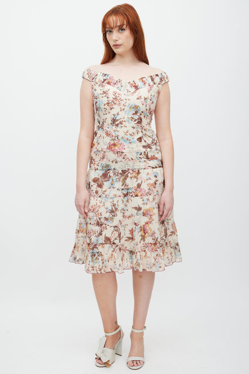 Anna Sui Cream 
Multicolour Floral Ruffled Dress