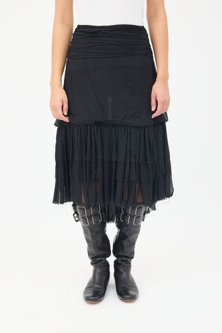 Anne Valérie Hash Black Silk Chiffon Tiered Midi Skirt