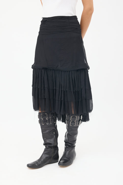 Anne Valérie Hash Black Silk Chiffon Tiered Midi Skirt