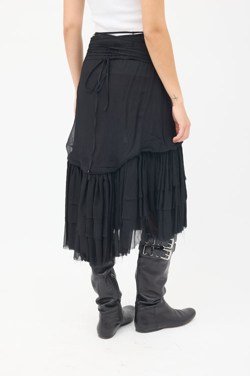 Anne Valérie Hash Black Silk Chiffon Tiered Midi Skirt