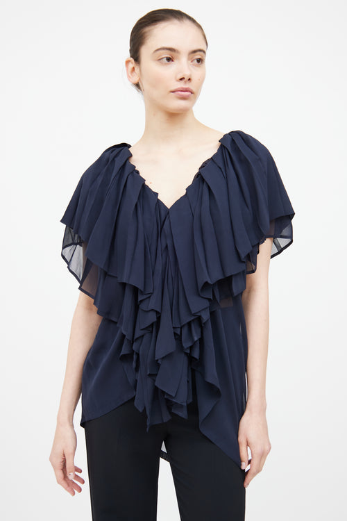 Ann Demeulemeester Navy Silk Pleated Ruffle Top