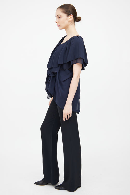 Ann Demeulemeester Navy Silk Pleated Ruffle Top