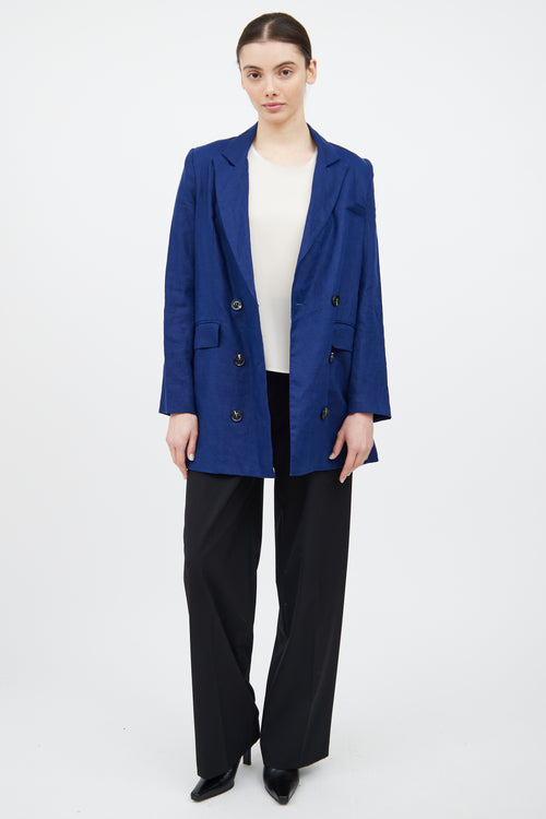 Reformation Navy Linen Double Breasted Blazer