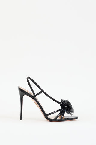 Aquazzura Black Textured Patent Paris Rose Sandal