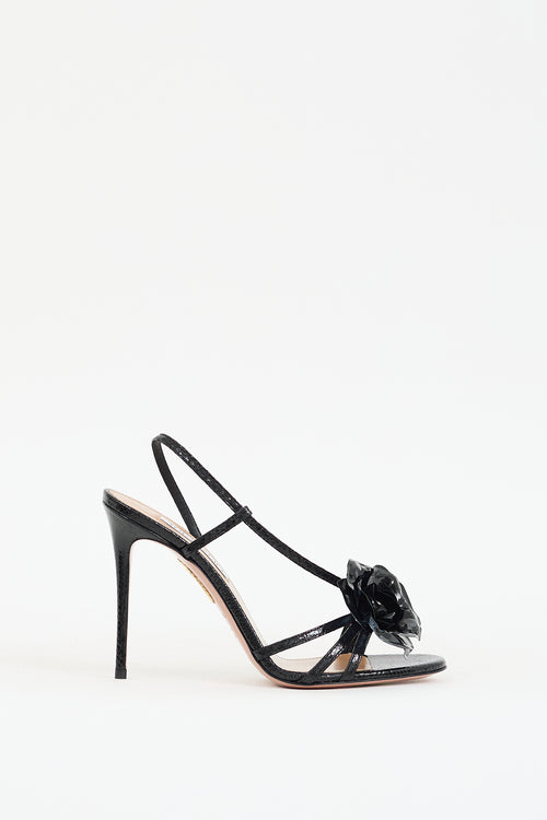 Aquazzura Black Textured Patent Paris Rose Sandal