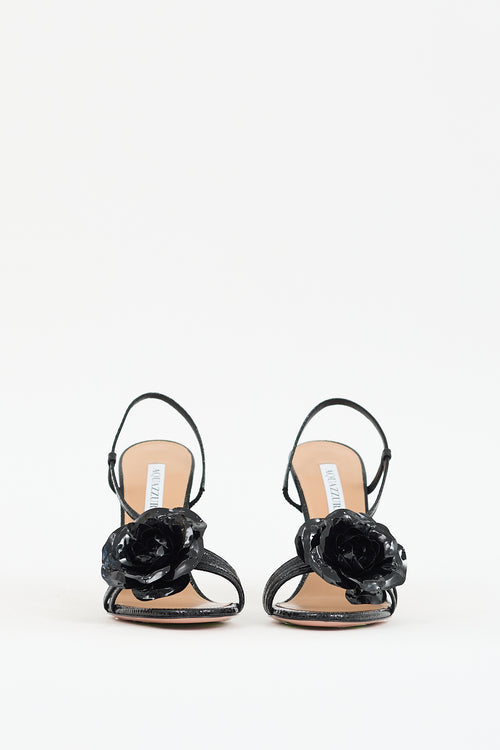 Aquazzura Black Textured Patent Paris Rose Sandal