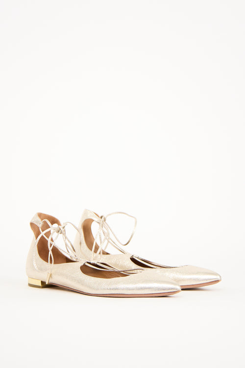 Aquazzura Gold Leather Christy Lace Up Flat