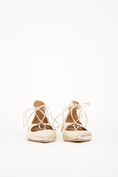 Aquazzura Gold Leather Christy Lace Up Flat