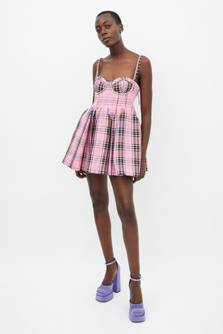 Area Pink 
Multicolour Plaid Embellished Mini Dress