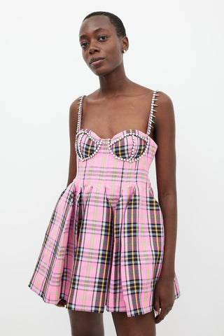 Area Pink 
Multicolour Plaid Embellished Mini Dress