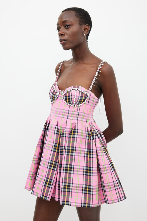 Area Pink 
Multicolour Plaid Embellished Mini Dress