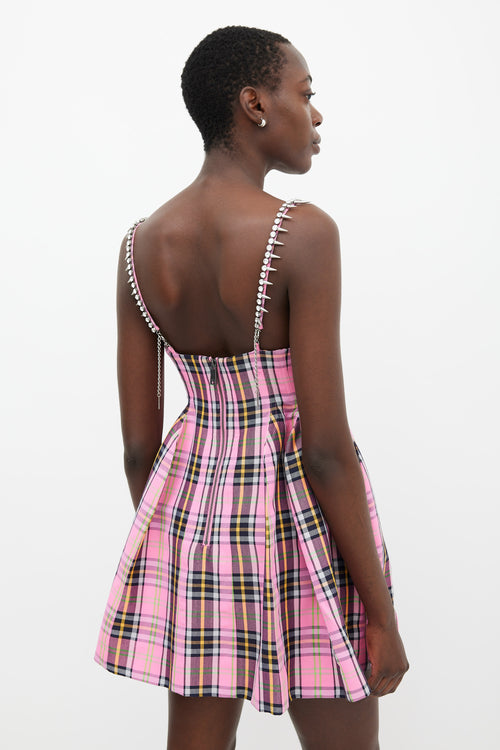 Area Pink 
Multicolour Plaid Embellished Mini Dress