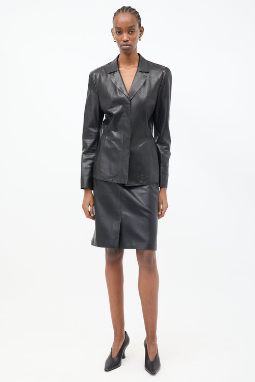 Armani Black Leather Elasticized Waist Blazer