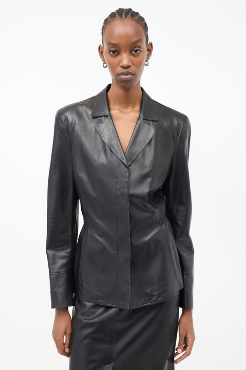 Armani Black Leather Elasticized Waist Blazer