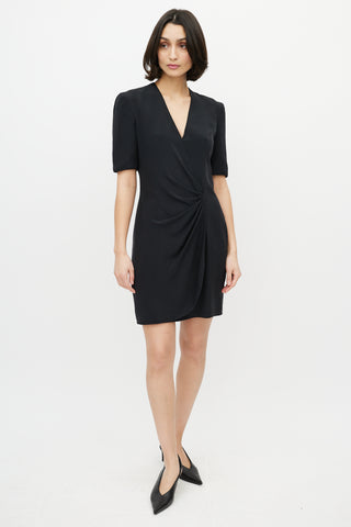 Armani Black Silk Gathered V-Neck Dress