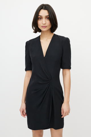 Armani Black Silk Gathered V-Neck Dress