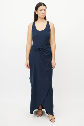 Armani Navy Asymmetrical Pleated Dress