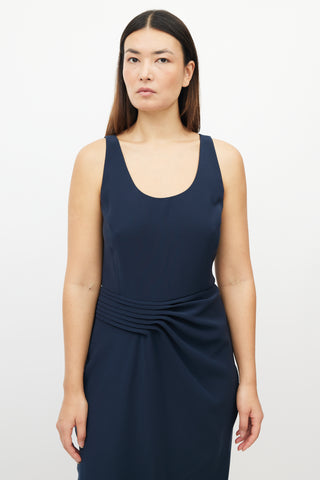 Armani Navy Asymmetrical Pleated Dress