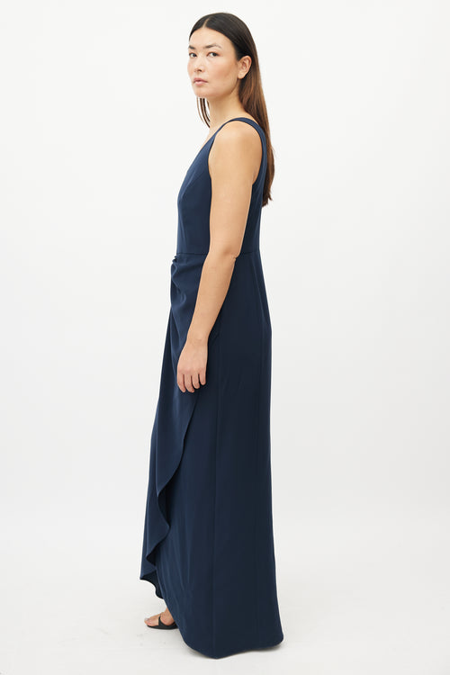 Armani Navy Asymmetrical Pleated Dress