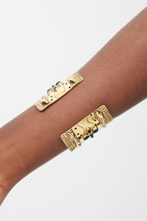 Aurelie Bidermann Gold 
Black Agate Floral Cheyenne Cuff Bracelet