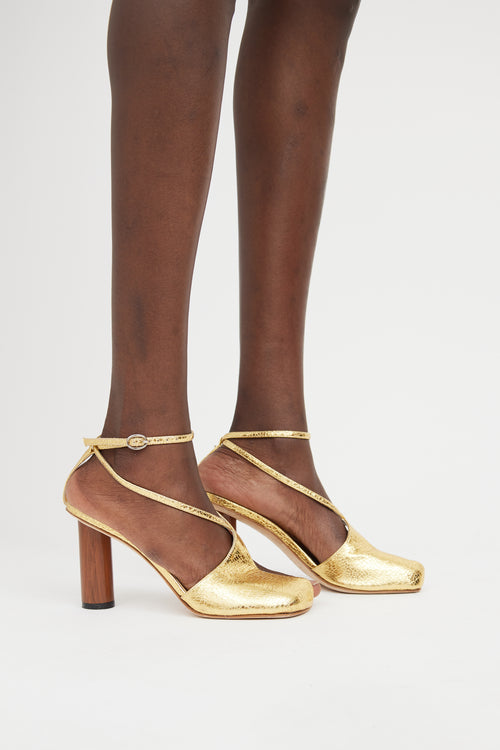 A.W.A.K.E Mode Gold Leather Christine Asymmetrical Sandal