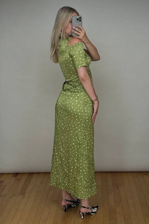 Green 
White Crinkled Satin Polka Dot Dress