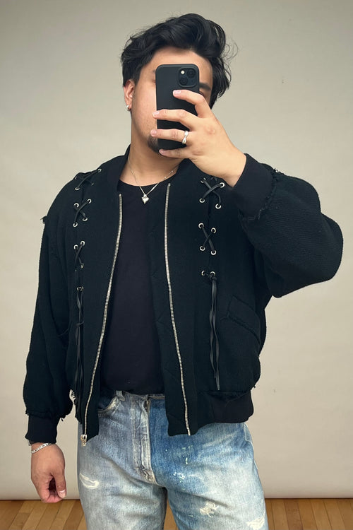 Black Lace Up Siloe Cotton Bomber Jacket