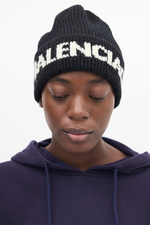 Balenciaga Black Wool Logo Beanie