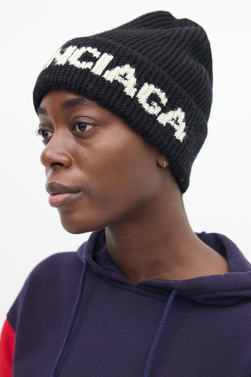 Balenciaga Black Wool Logo Beanie