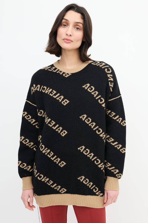 Balenciaga Beige 
Black Reversible Allover Logo Sweater