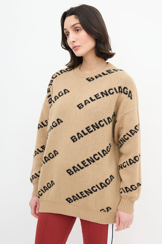 Balenciaga Beige 
Black Reversible Allover Logo Sweater