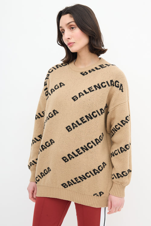 Balenciaga Beige 
Black Reversible Allover Logo Sweater