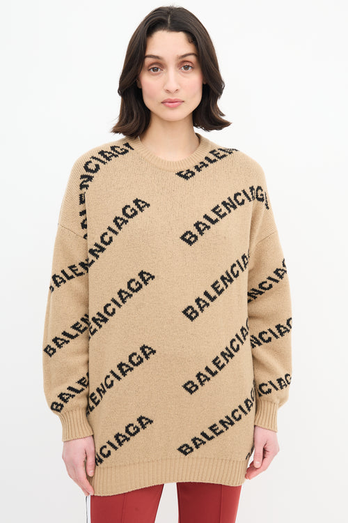 Balenciaga Beige 
Black Reversible Allover Logo Sweater