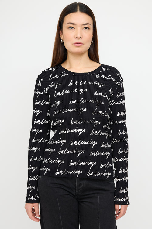 Balenciaga Black 
White Script Logo Ribbed Top