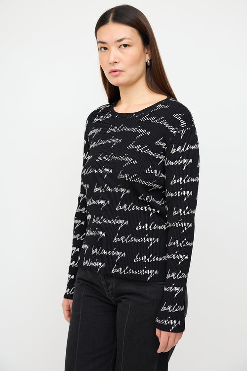 Balenciaga Black 
White Script Logo Ribbed Top