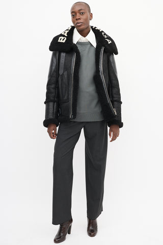 Balenciaga Black Leather Shearling Logo Jacket