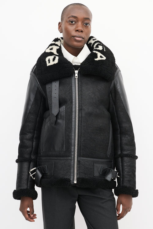 Balenciaga Black Leather Shearling Logo Jacket