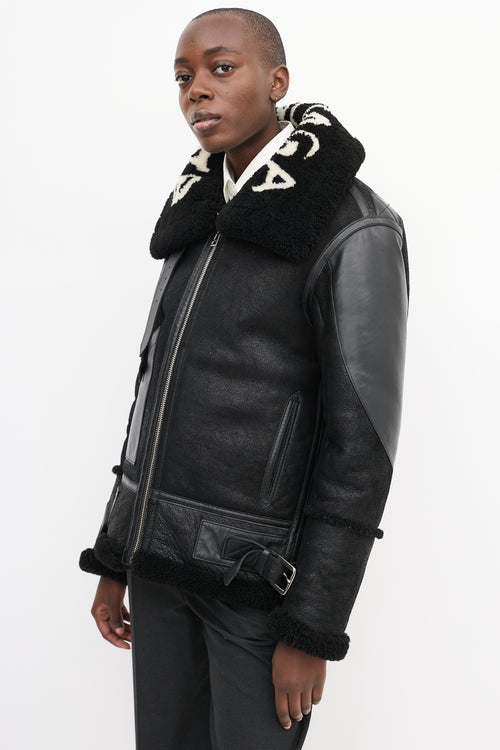 Balenciaga Black Leather Shearling Logo Jacket