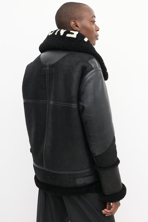 Balenciaga Black Leather Shearling Logo Jacket