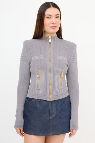 Balmain Ribbed Knit Strong Shoulder Cardigan