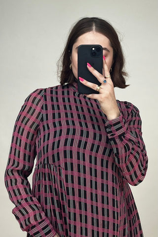 Black 
Pink Check Gathered Midi Dress