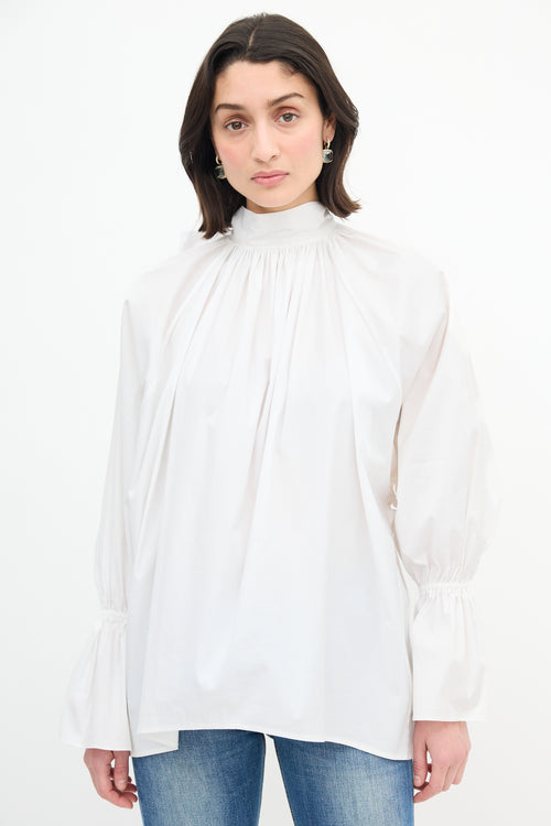 Beaufille White Gathered Bow Tie Blouse