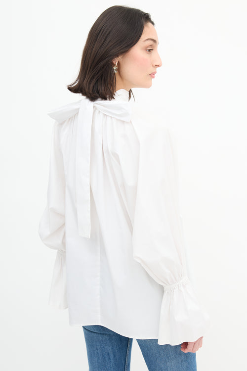 Beaufille White Gathered Bow Tie Blouse