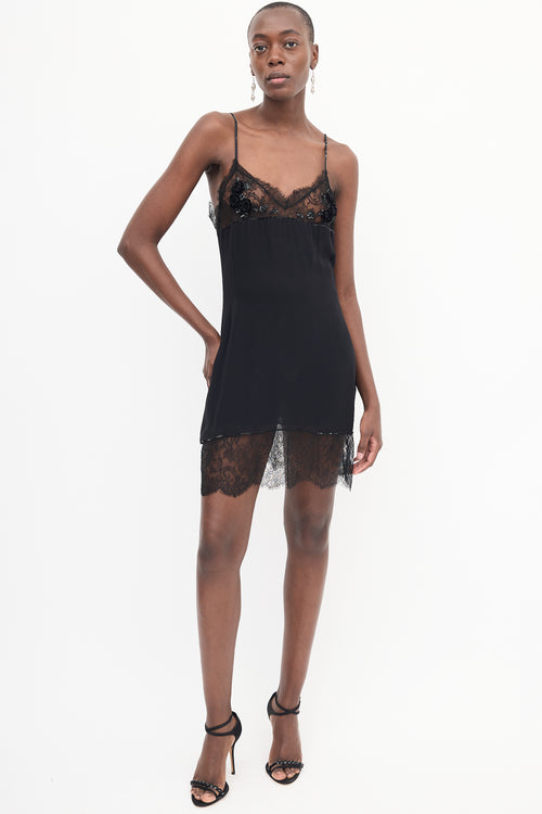 Blumarine Black Lace Sequin Embellished Slip Dress