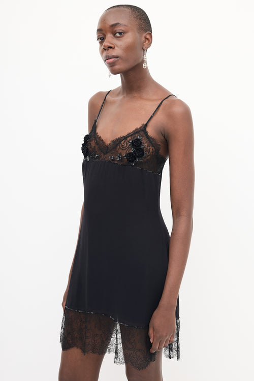 Blumarine Black Lace Sequin Embellished Slip Dress