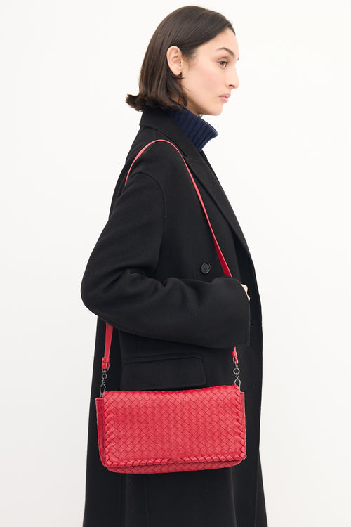 Bottega Veneta Red Leather Intrecciato Full Flap Crossbody Bag