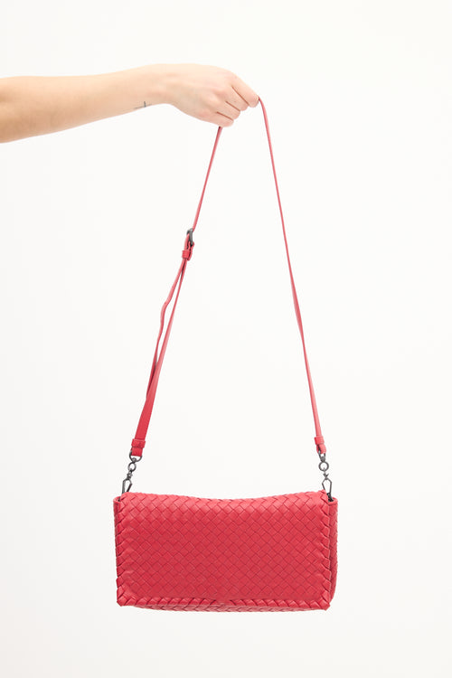 Bottega Veneta Red Leather Intrecciato Full Flap Crossbody Bag